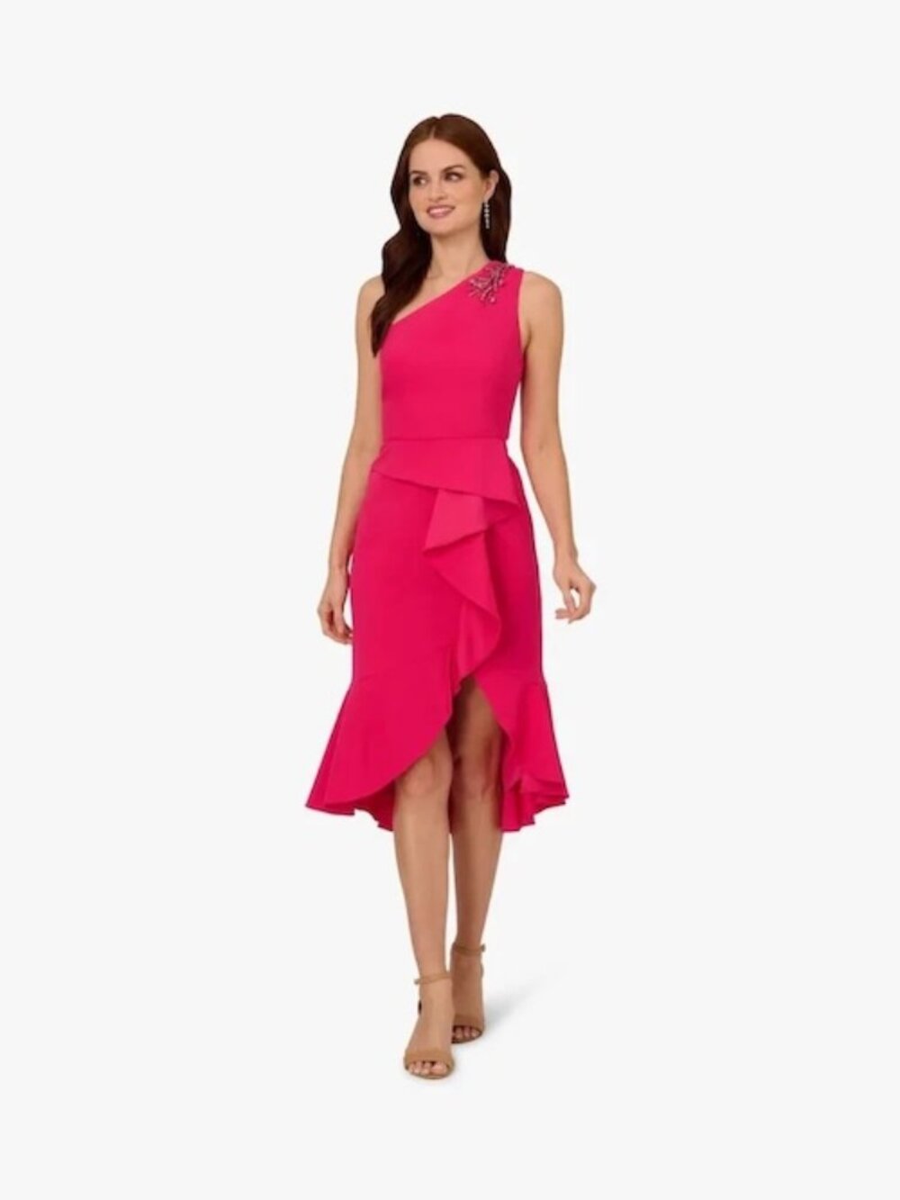 Papell Studo Geranium Pink Beaded One-Shoulder Crepe Midi Dress